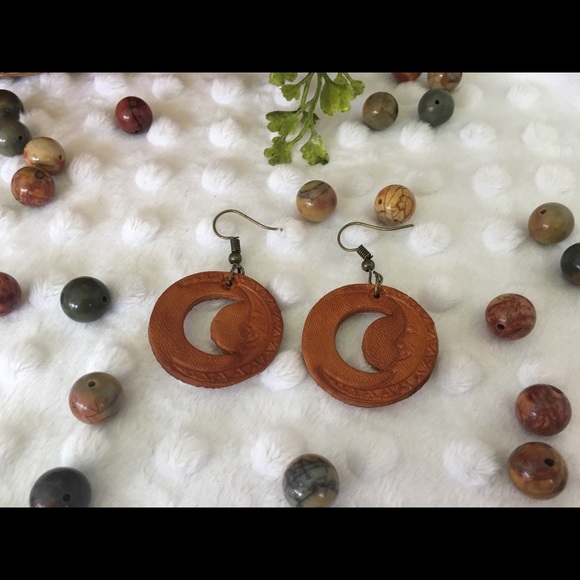 Hand Crafted Jewelry - Leather Boho Hippie Man in the Moon Earrings